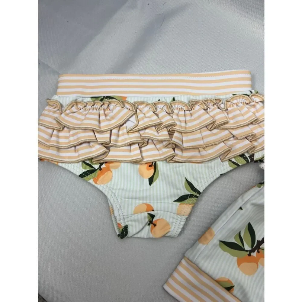 SweetHoney Mint Green Peach print ruffle bottom 2 piece swimsuit size 12 months